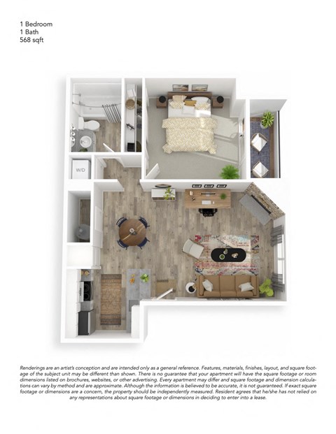 Floor plan for 1 bed, 1 bath, 568 sqft